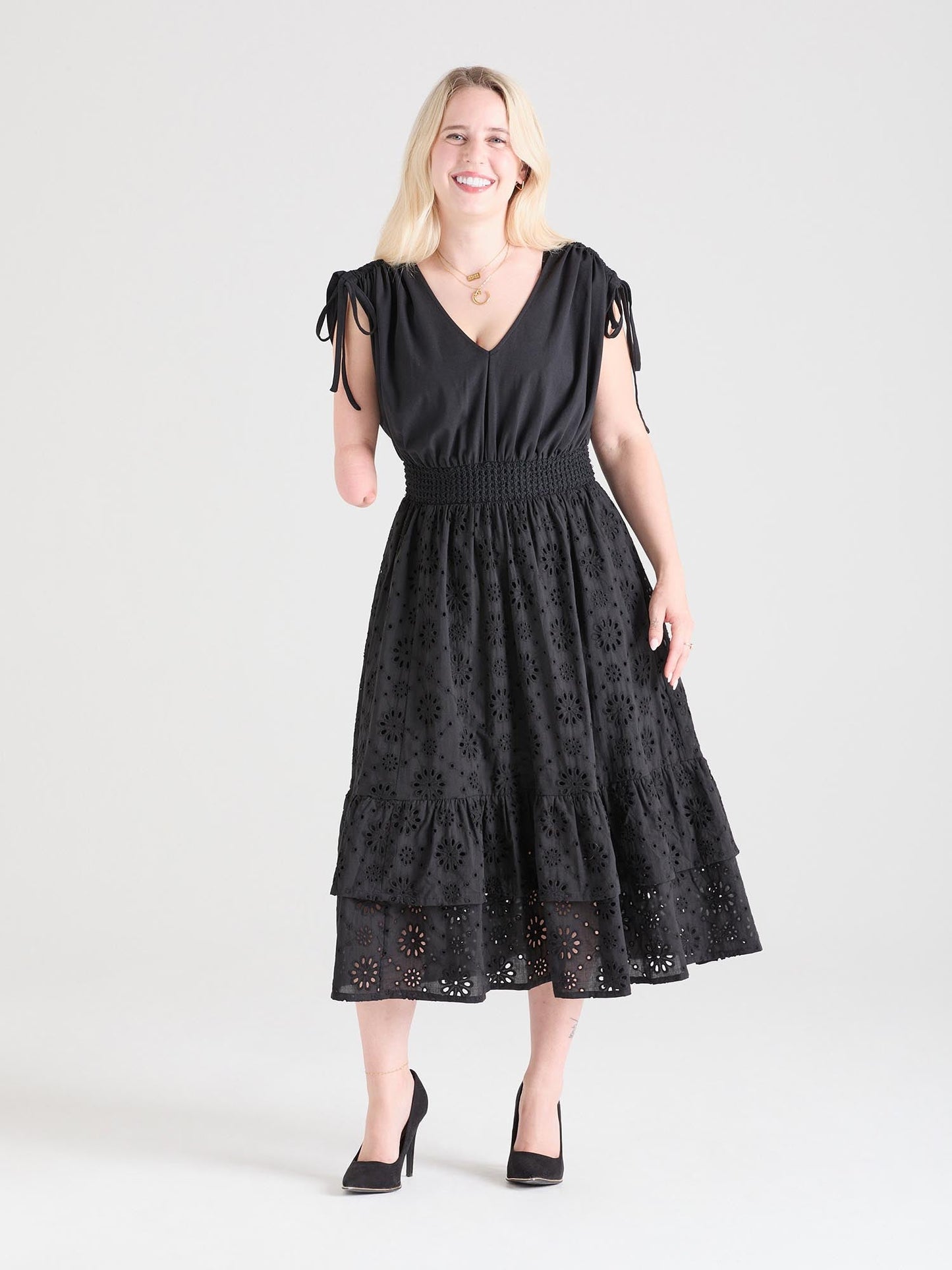 Broderie Anglaise Midi Dress - Black