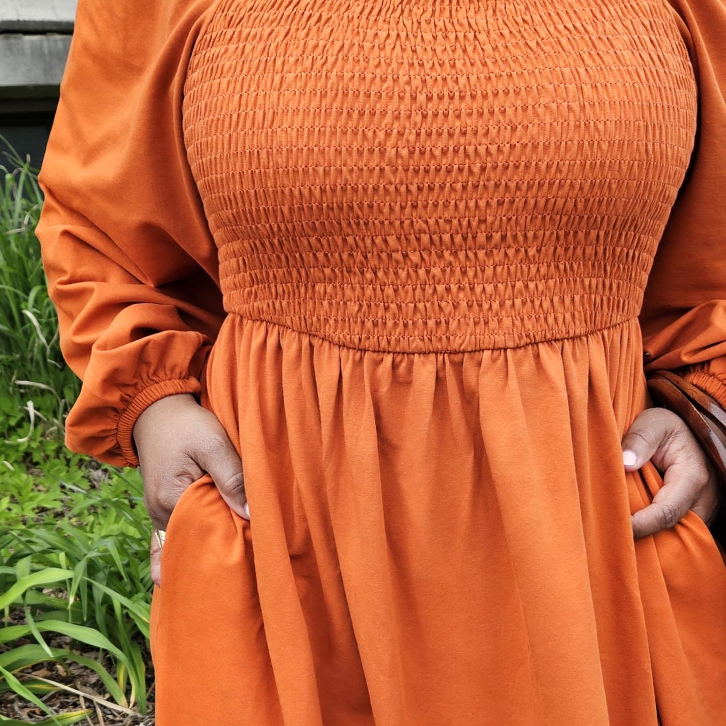 Long Sleeved Shirred Midi Dress - Toffee Apple