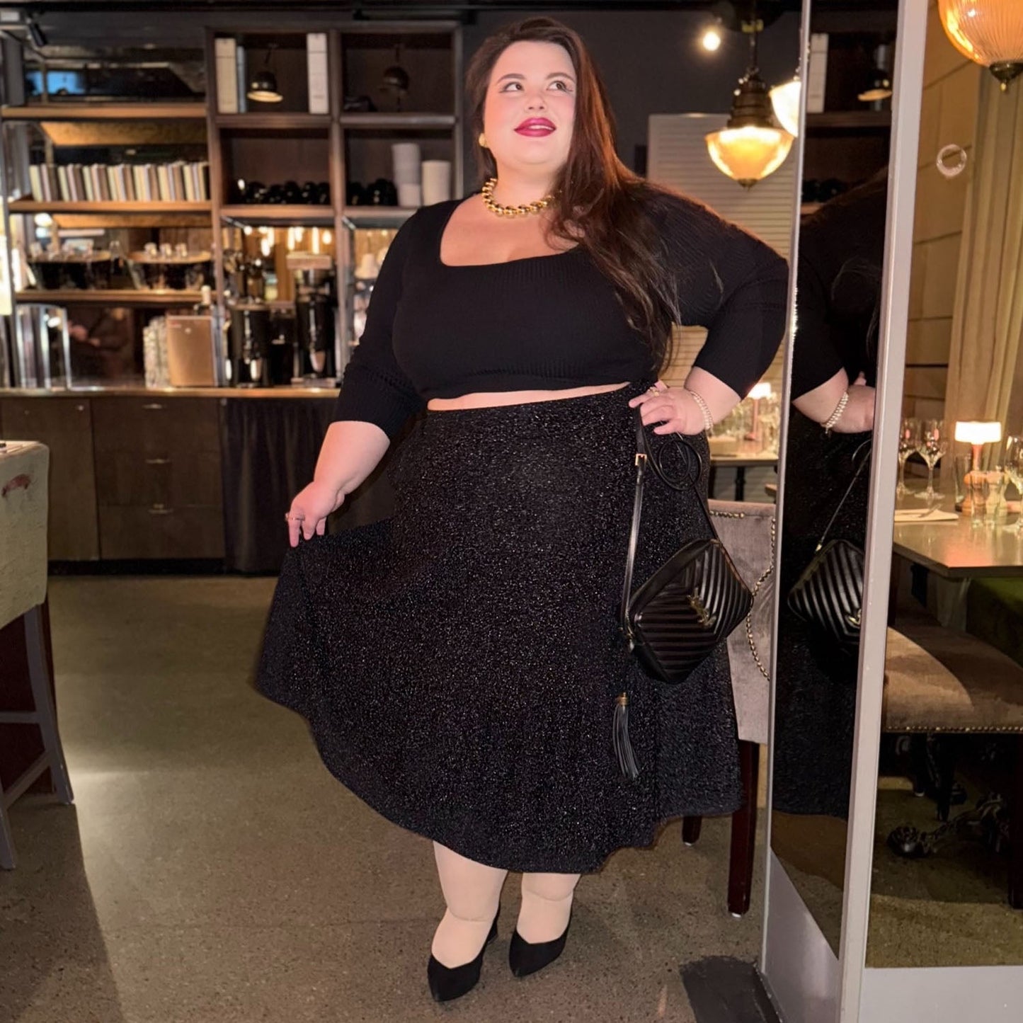 Lurex Tiered Midi Skirt - Black