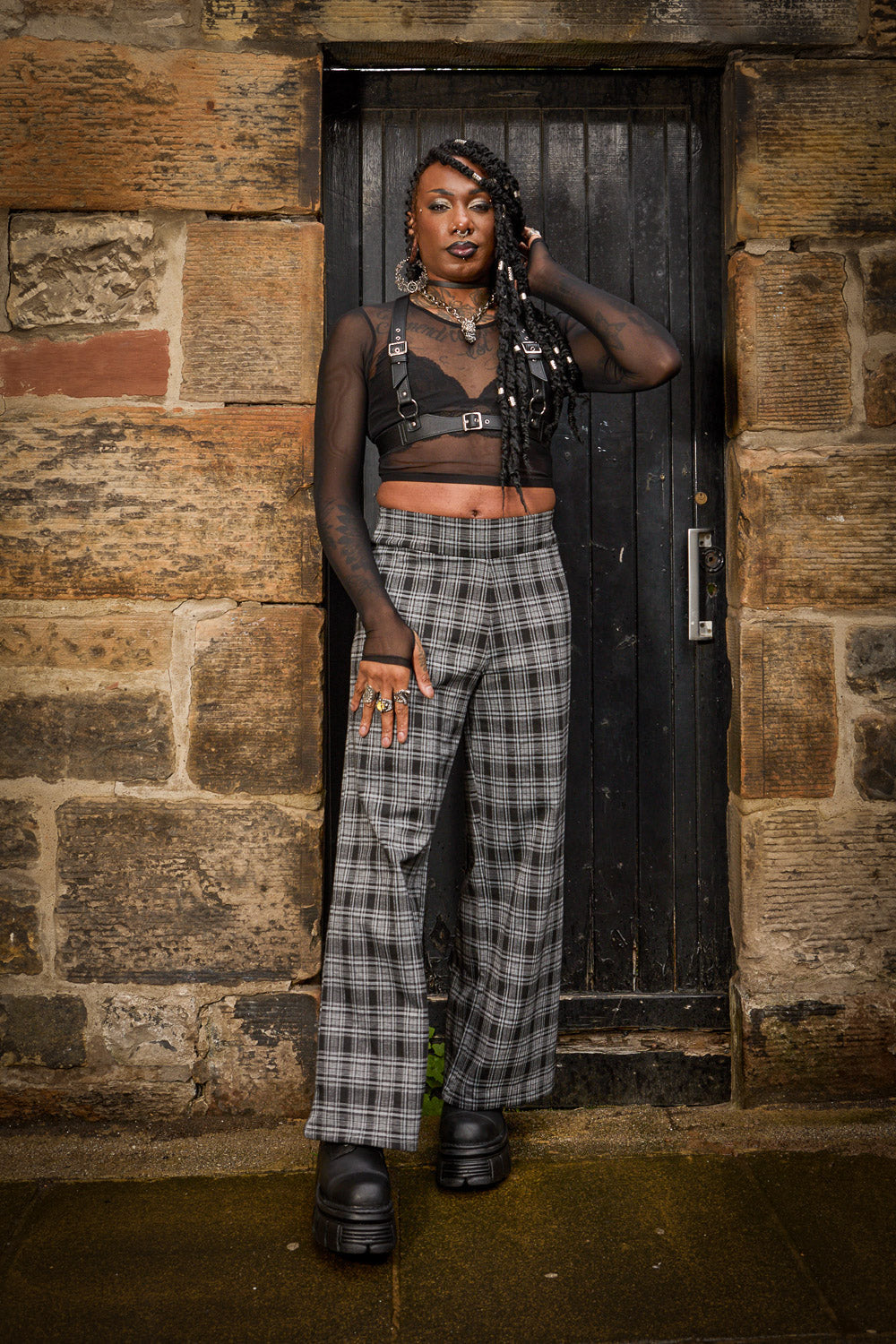 Plaid Wide-Leg Trousers - Black & Grey