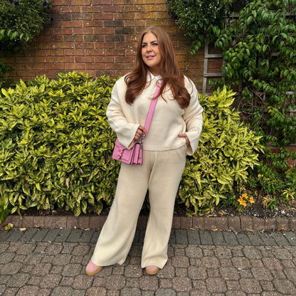 Knit Rib Wide Leg Trousers - Oatmeal