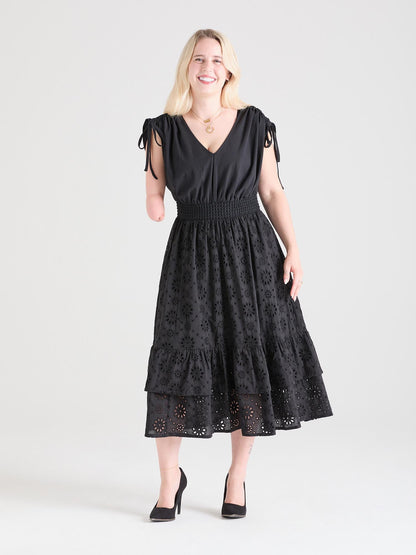 Broderie Anglaise Midi Dress - Black