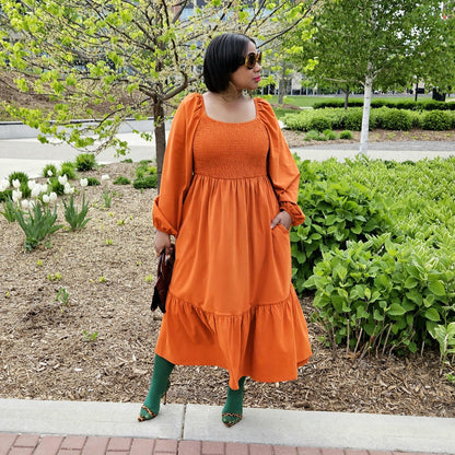 Long Sleeved Shirred Midi Dress - Toffee Apple