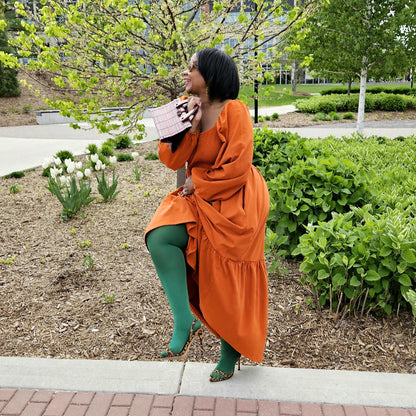 Long Sleeved Shirred Midi Dress - Toffee Apple