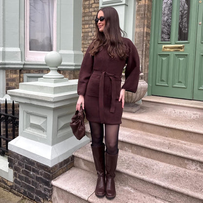 Mini Knitted Cocoon Dress - Hot Chocolate