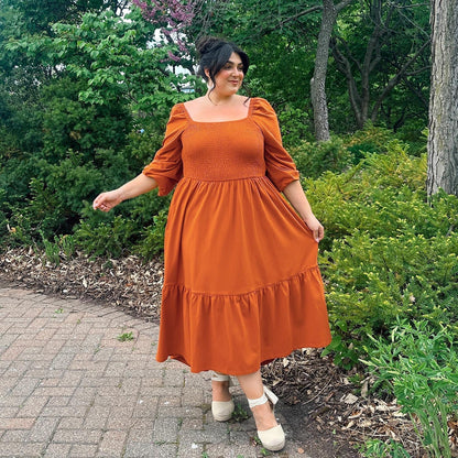 Long Sleeved Shirred Midi Dress - Toffee Apple