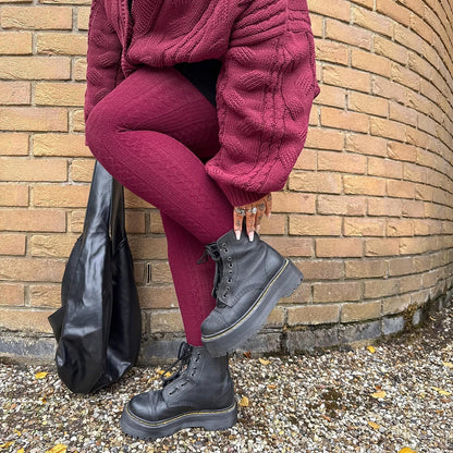 Grannies Cable Knit Wool Tights V2 - Cherry