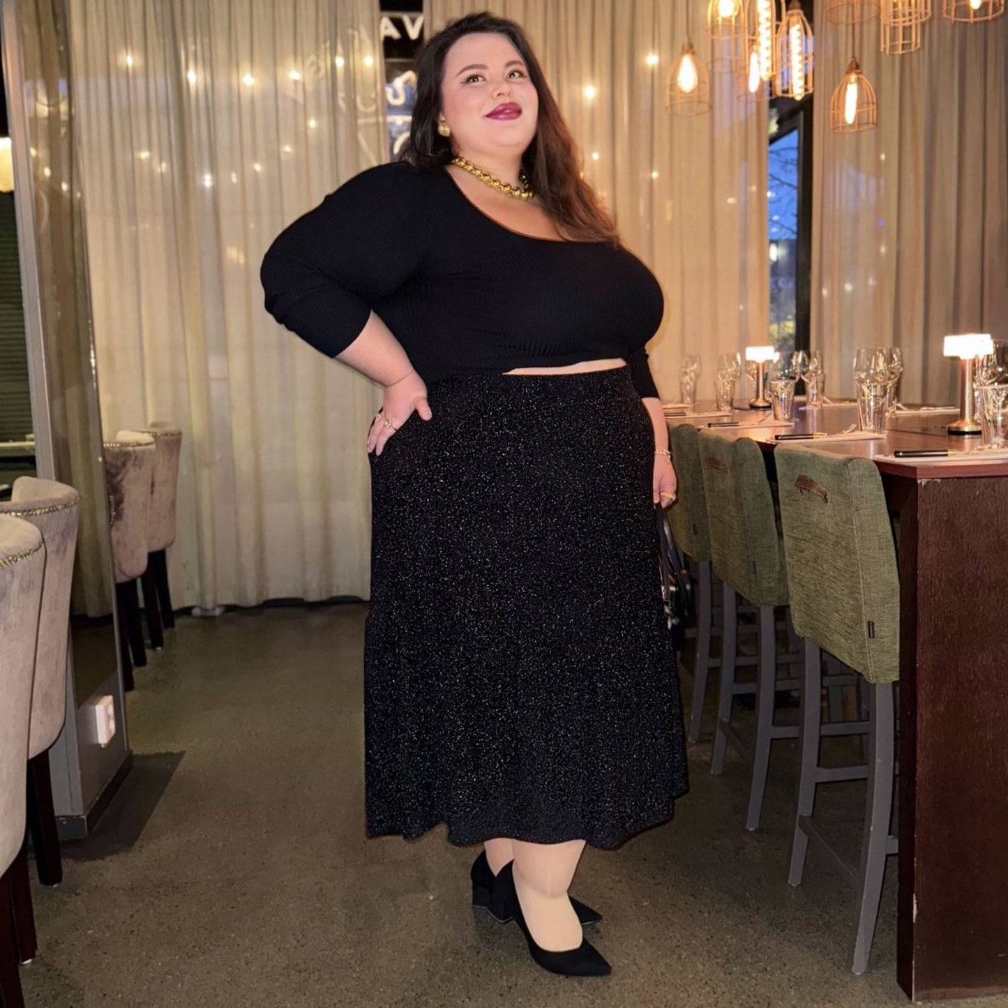 Lurex Tiered Midi Skirt - Black