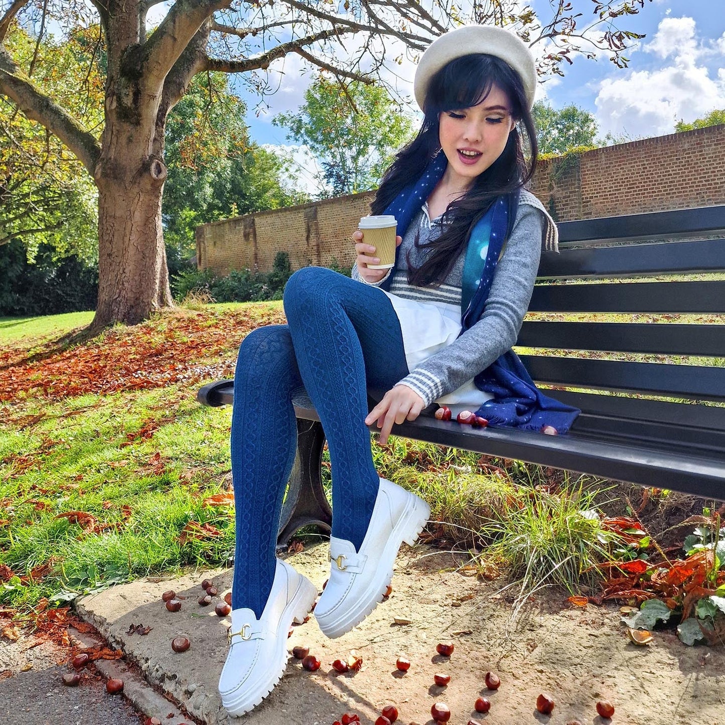 Grannies Cable Knit Wool Tights V2 - Bone China