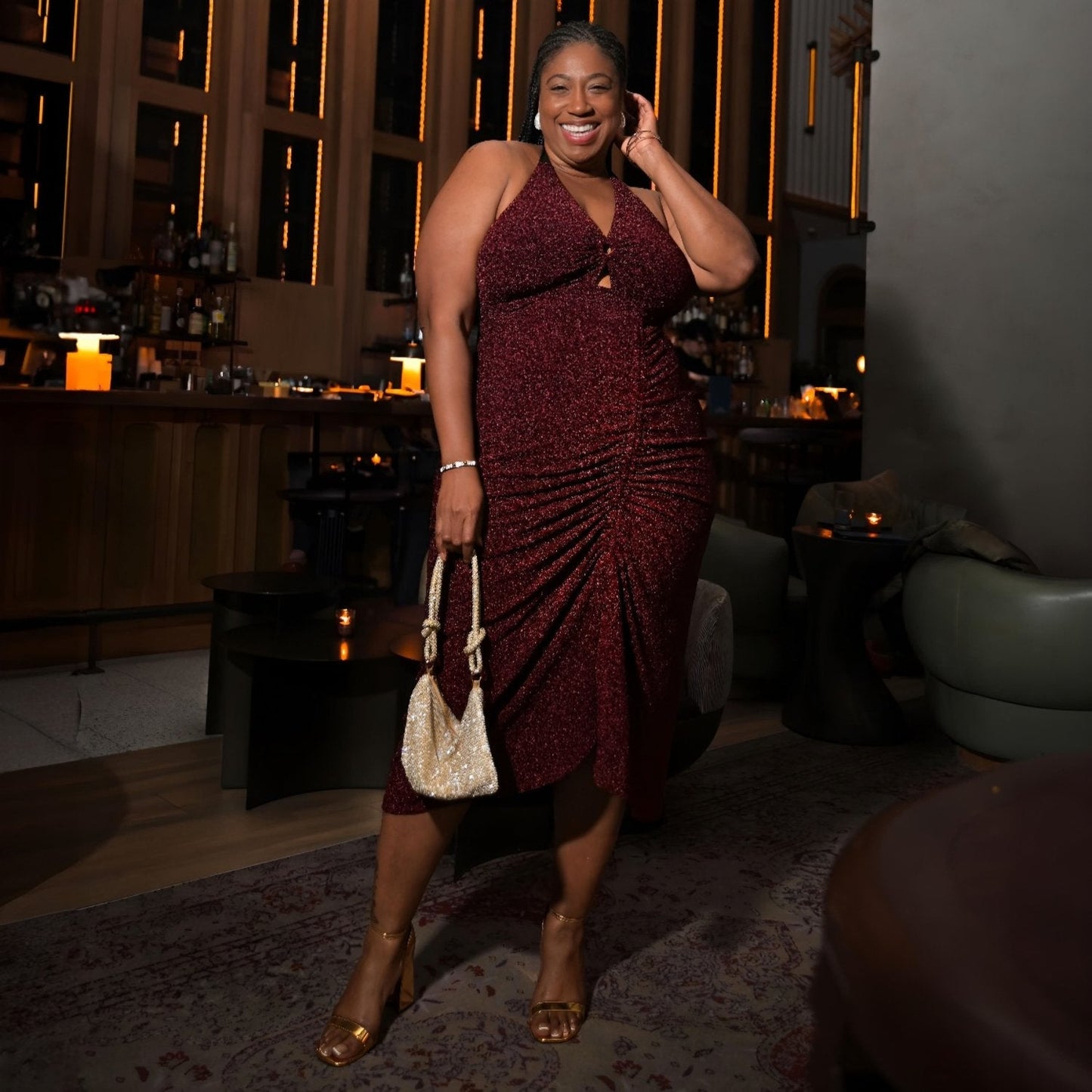 Lurex Halter Dress - Bordeaux