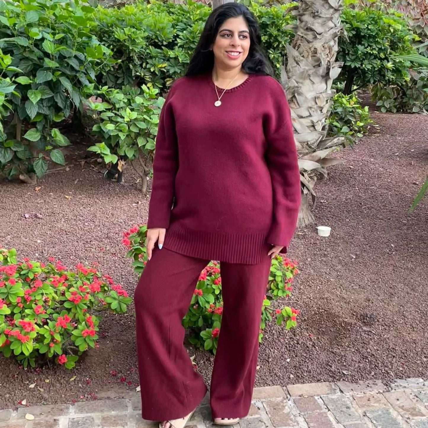 Knit Rib Wide Leg Trousers - Roast