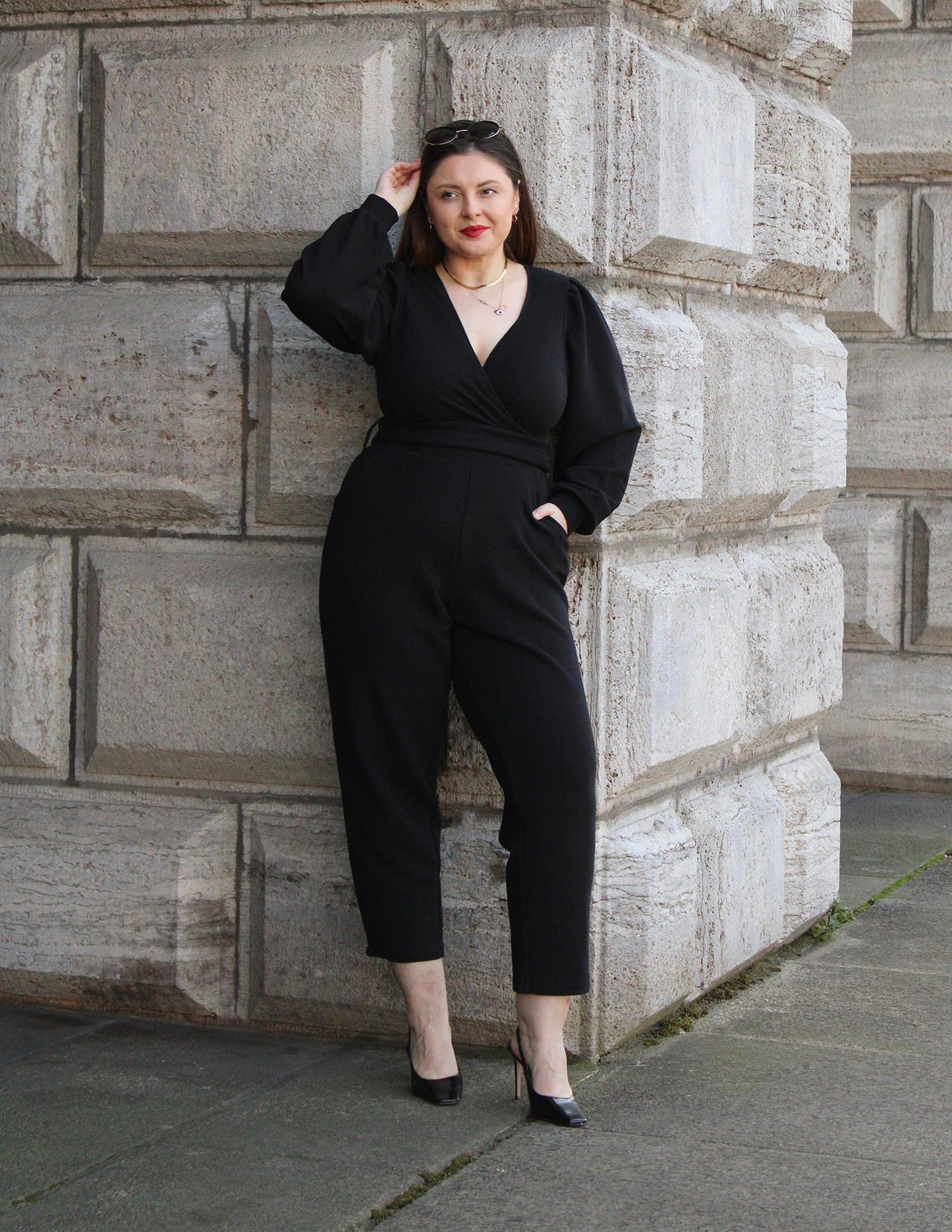 Ottoman Long Sleeve Wrap Jumpsuit - Black