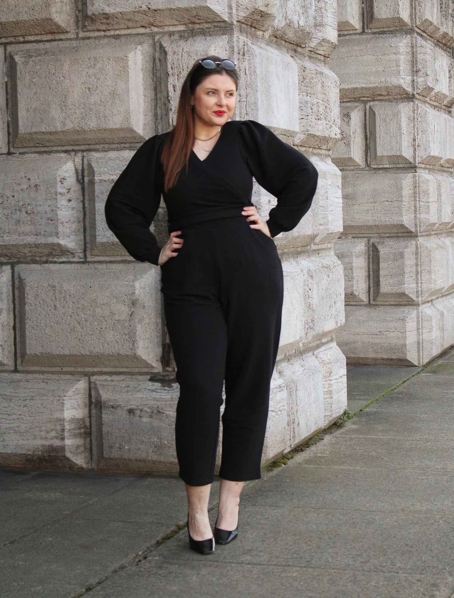 Ottoman Long Sleeve Wrap Jumpsuit - Black